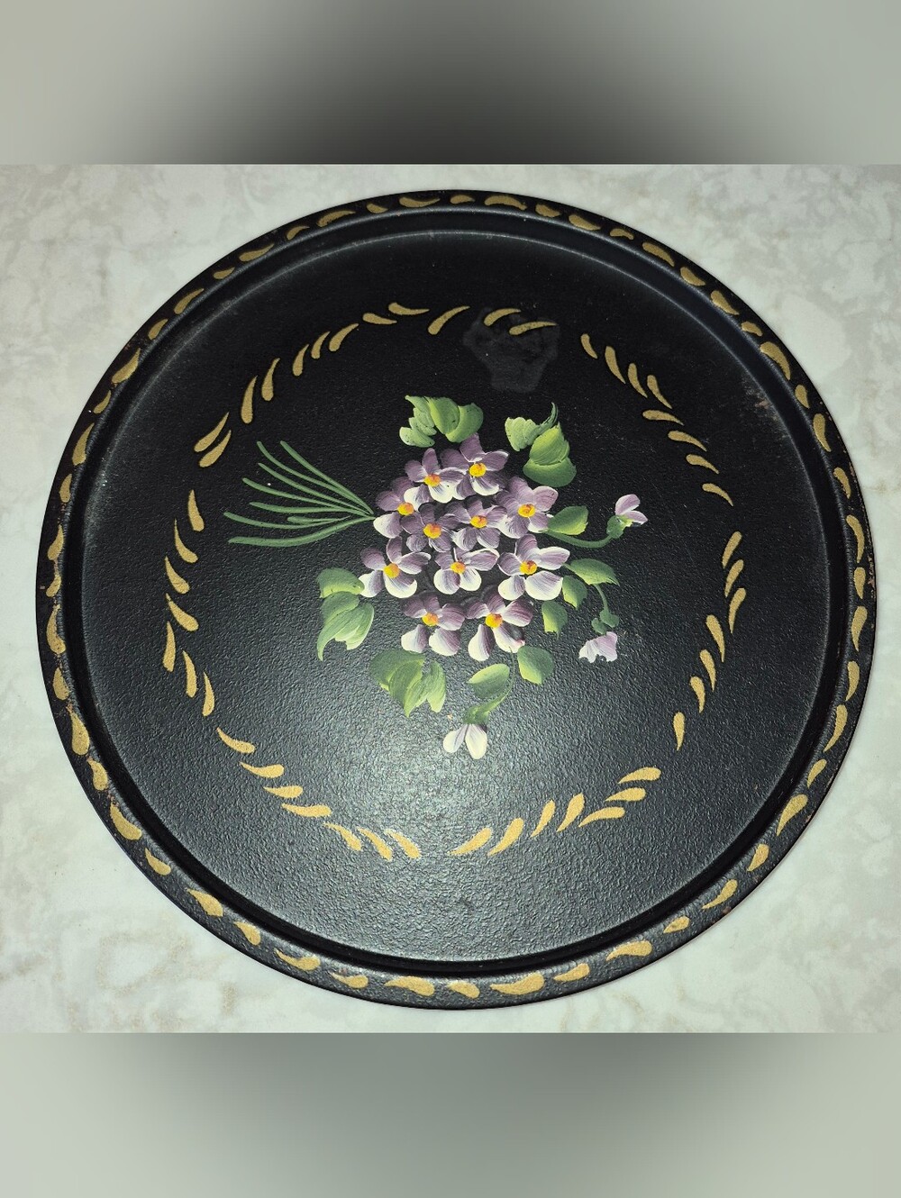 Vintage mid-century hand-painted toleware round metal serving tray, NASHCO - Picture 1 of 4